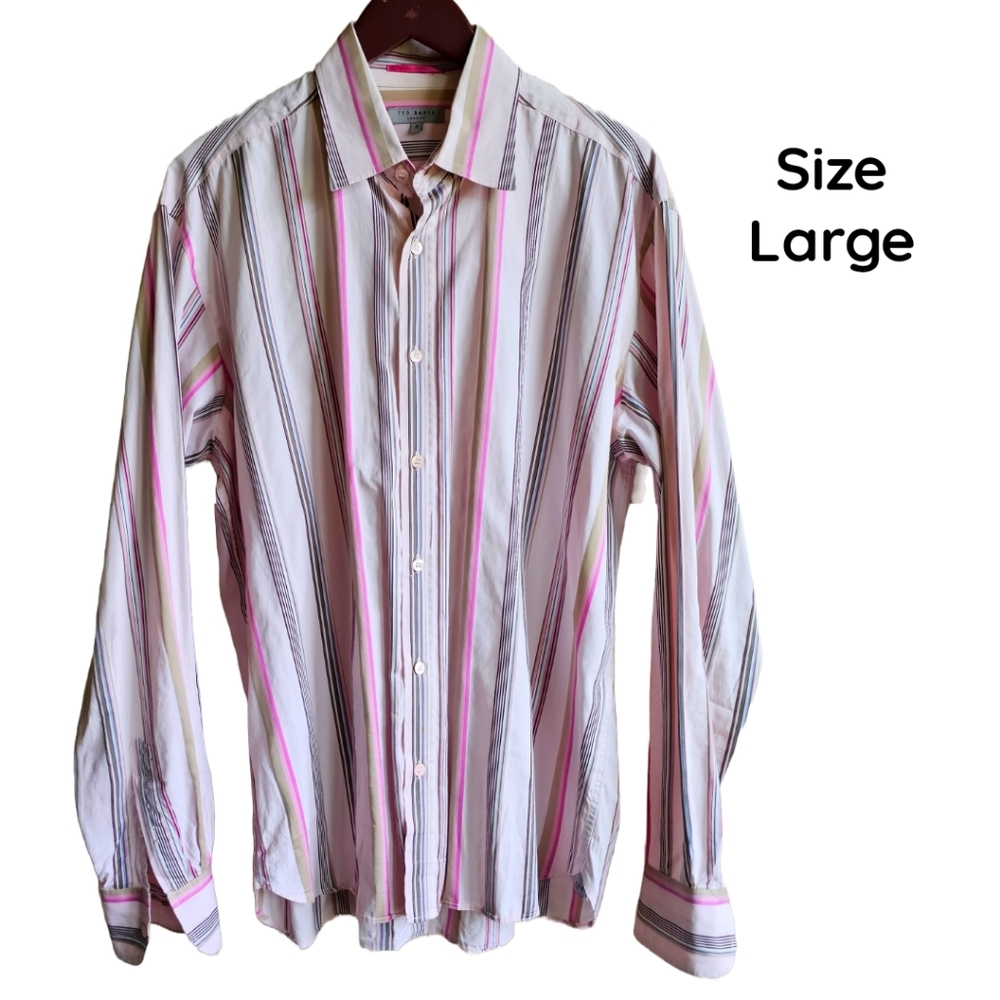 Ted Baker London Pink White Striped Mens French Cuff Button Up Shirt Size Large